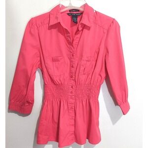 Antilia Femme Womens Large Blouse Fit & Flare Stretch Button Up Pink 3/4 Sleeve
